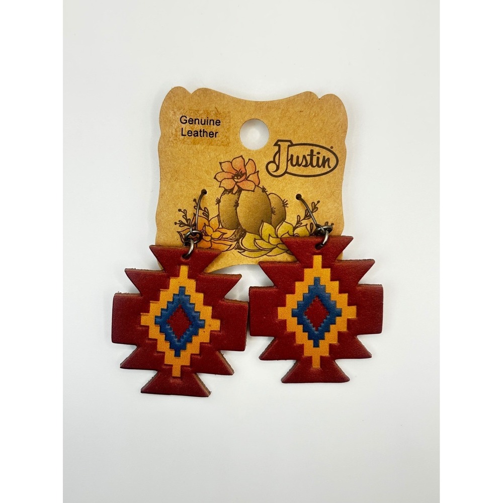 Justin Genuine Leather Southwest Aztec Geometric Diamond Drop Earrings Red‎ Blue